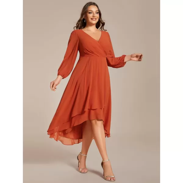 EverPretty Womens A Line Pleated V Neck Midi Plus Size Wedding Guest Dress with Long Sleeves 01926DABurnt Orange