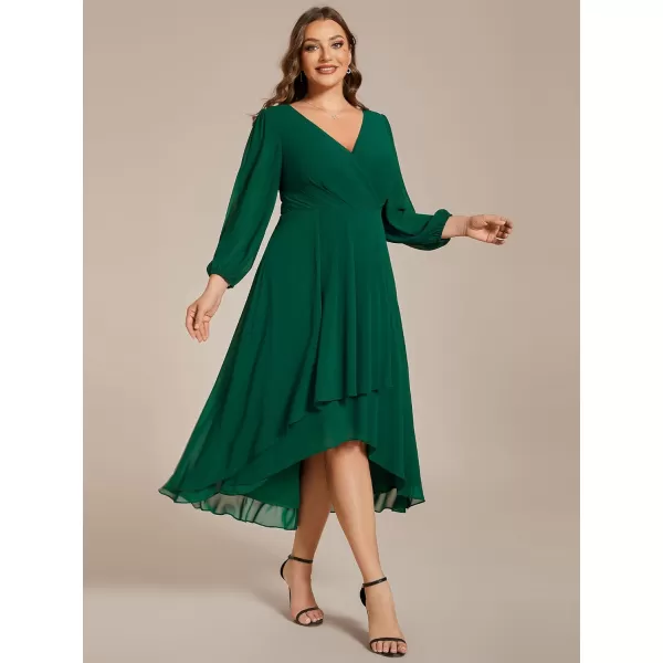 EverPretty Womens A Line Pleated V Neck Midi Plus Size Wedding Guest Dress with Long Sleeves 01926DADark Green