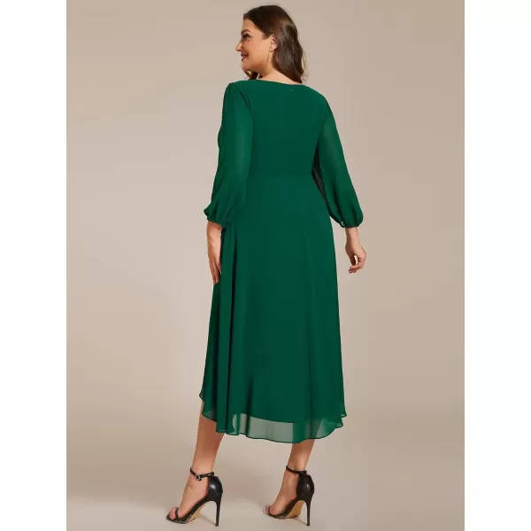 EverPretty Womens A Line Pleated V Neck Midi Plus Size Wedding Guest Dress with Long Sleeves 01926DADark Green