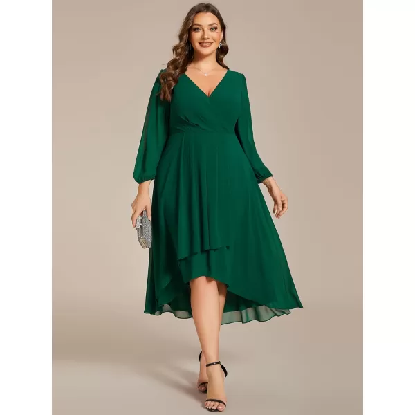 EverPretty Womens A Line Pleated V Neck Midi Plus Size Wedding Guest Dress with Long Sleeves 01926DADark Green