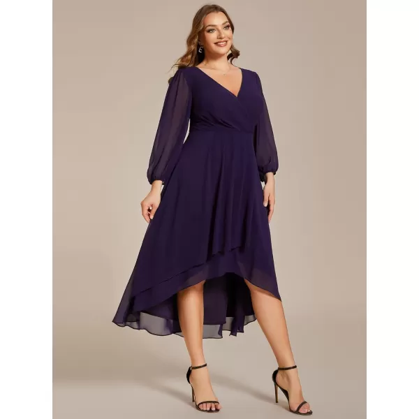 EverPretty Womens A Line Pleated V Neck Midi Plus Size Wedding Guest Dress with Long Sleeves 01926DADeep Purple