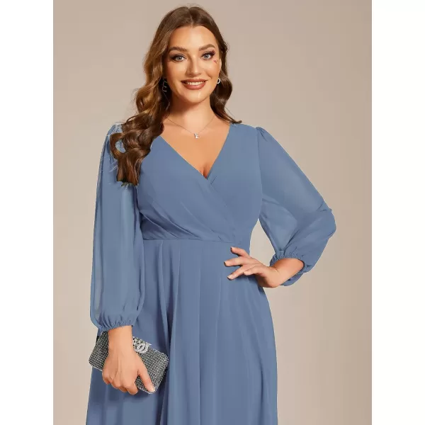 EverPretty Womens A Line Pleated V Neck Midi Plus Size Wedding Guest Dress with Long Sleeves 01926DADusty Navy