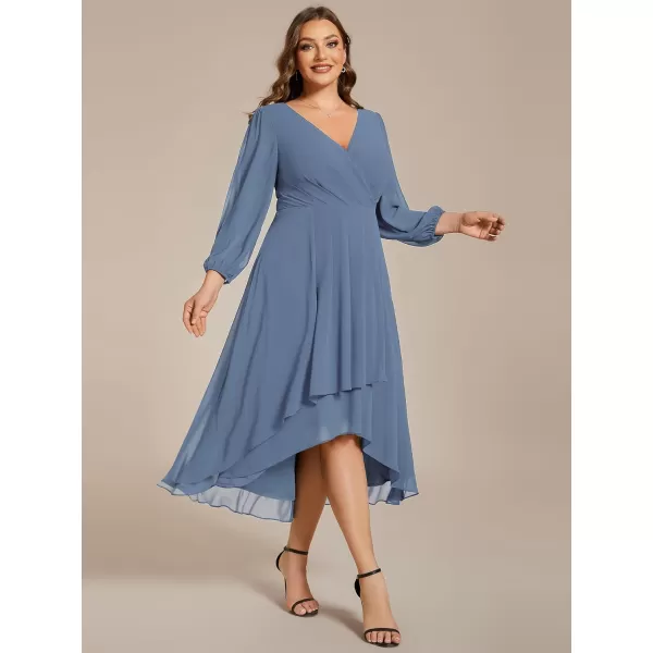 EverPretty Womens A Line Pleated V Neck Midi Plus Size Wedding Guest Dress with Long Sleeves 01926DADusty Navy