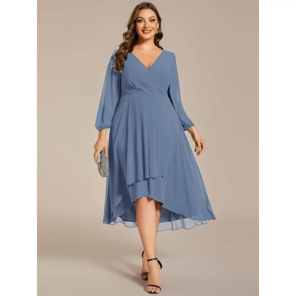 EverPretty Womens A Line Pleated V Neck Midi Plus Size Wedding Guest Dress with Long Sleeves 01926DADusty Navy