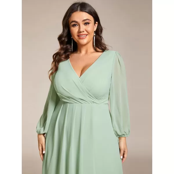 EverPretty Womens A Line Pleated V Neck Midi Plus Size Wedding Guest Dress with Long Sleeves 01926DAMint Green