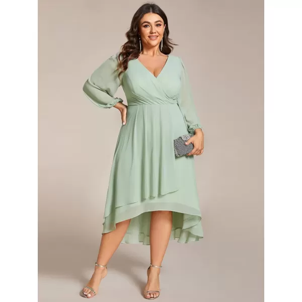 EverPretty Womens A Line Pleated V Neck Midi Plus Size Wedding Guest Dress with Long Sleeves 01926DAMint Green