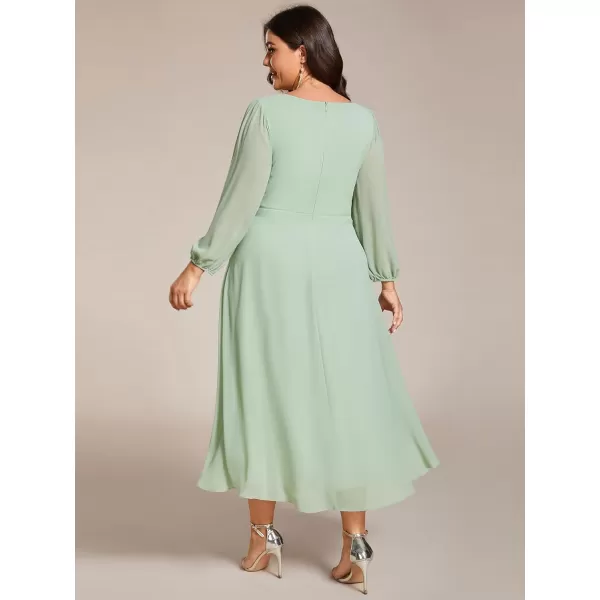 EverPretty Womens A Line Pleated V Neck Midi Plus Size Wedding Guest Dress with Long Sleeves 01926DAMint Green