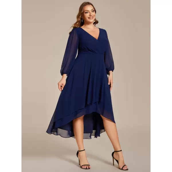 EverPretty Womens A Line Pleated V Neck Midi Plus Size Wedding Guest Dress with Long Sleeves 01926DANavy Blue