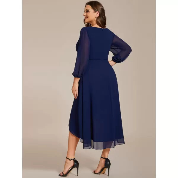 EverPretty Womens A Line Pleated V Neck Midi Plus Size Wedding Guest Dress with Long Sleeves 01926DANavy Blue