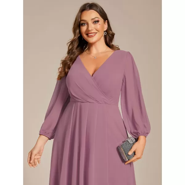 EverPretty Womens A Line Pleated V Neck Midi Plus Size Wedding Guest Dress with Long Sleeves 01926DAOrchid