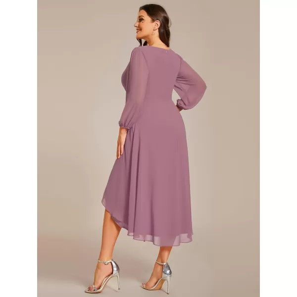 EverPretty Womens A Line Pleated V Neck Midi Plus Size Wedding Guest Dress with Long Sleeves 01926DAOrchid