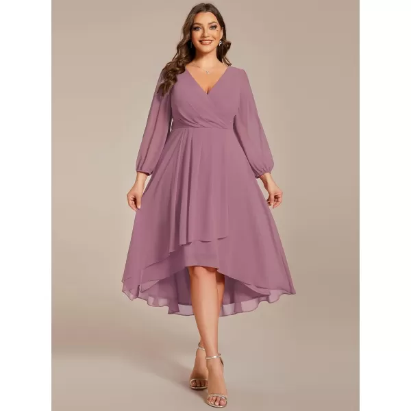 EverPretty Womens A Line Pleated V Neck Midi Plus Size Wedding Guest Dress with Long Sleeves 01926DAOrchid