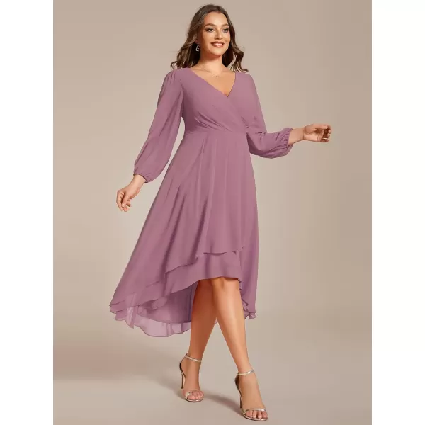 EverPretty Womens A Line Pleated V Neck Midi Plus Size Wedding Guest Dress with Long Sleeves 01926DAOrchid