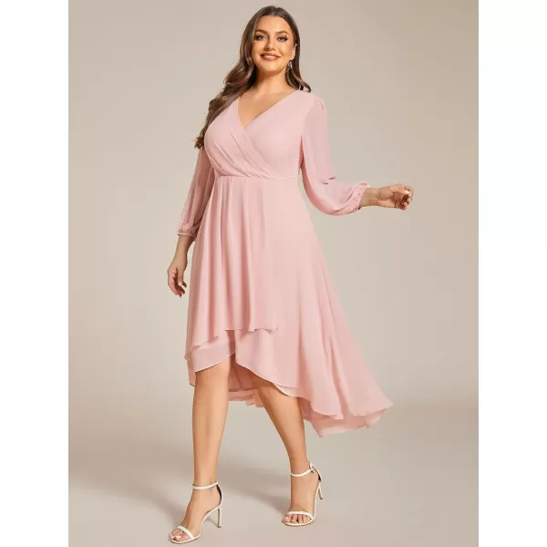 EverPretty Womens A Line Pleated V Neck Midi Plus Size Wedding Guest Dress with Long Sleeves 01926DAPink