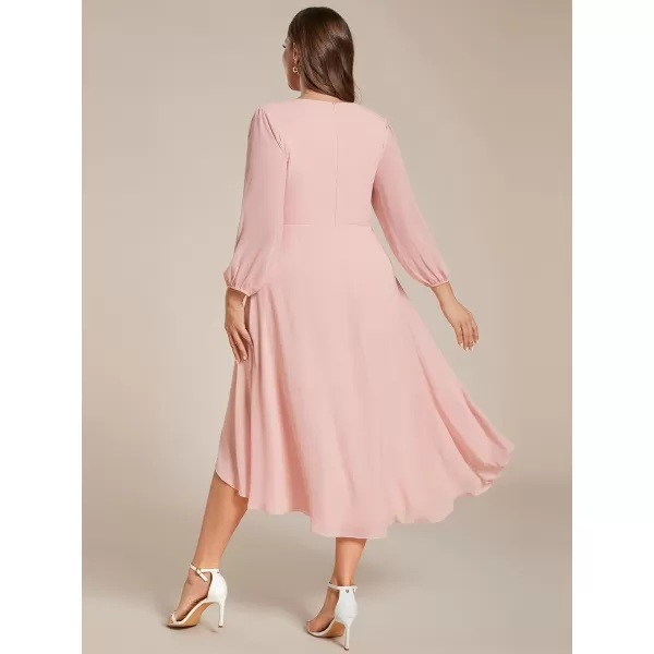 EverPretty Womens A Line Pleated V Neck Midi Plus Size Wedding Guest Dress with Long Sleeves 01926DAPink