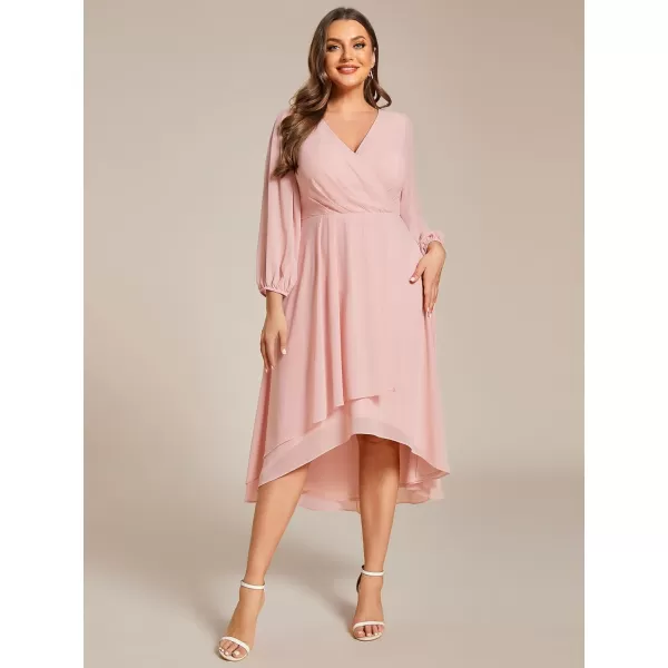 EverPretty Womens A Line Pleated V Neck Midi Plus Size Wedding Guest Dress with Long Sleeves 01926DAPink