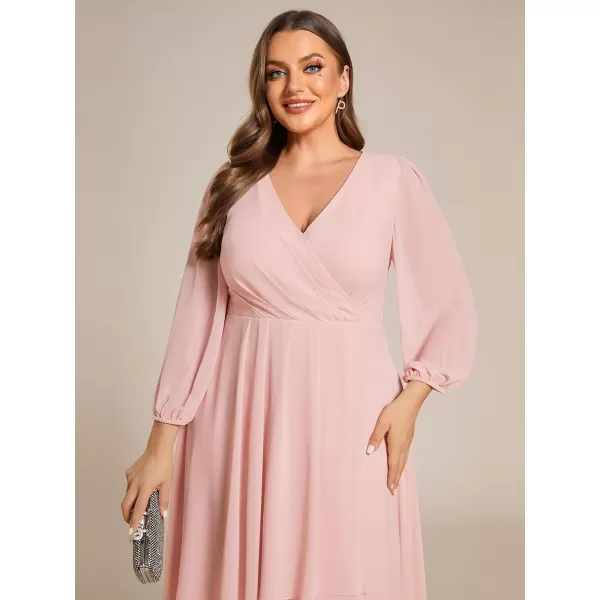 EverPretty Womens A Line Pleated V Neck Midi Plus Size Wedding Guest Dress with Long Sleeves 01926DAPink