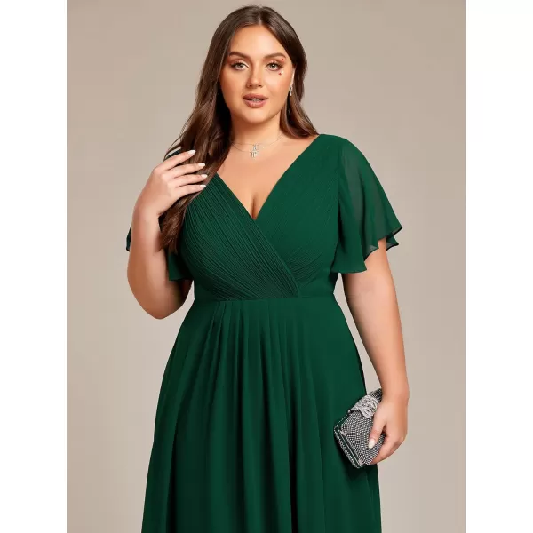 EverPretty Womens A Line Ruched V Neck Short Sleeves Knee Length Plus Size Wedding Guest Dress 01923DADark Green