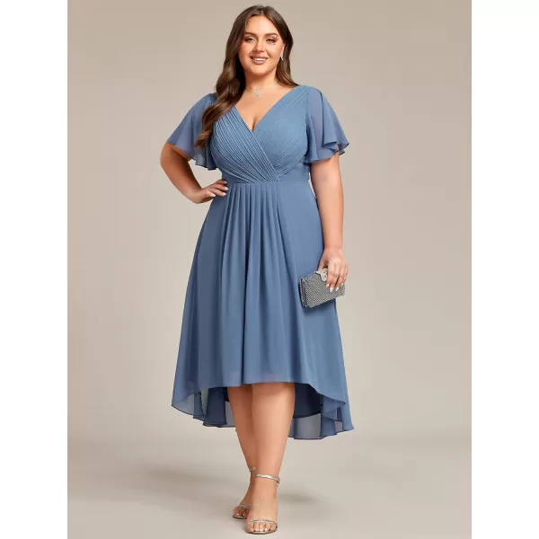 EverPretty Womens A Line Ruched V Neck Short Sleeves Knee Length Plus Size Wedding Guest Dress 01923DADusty Navy