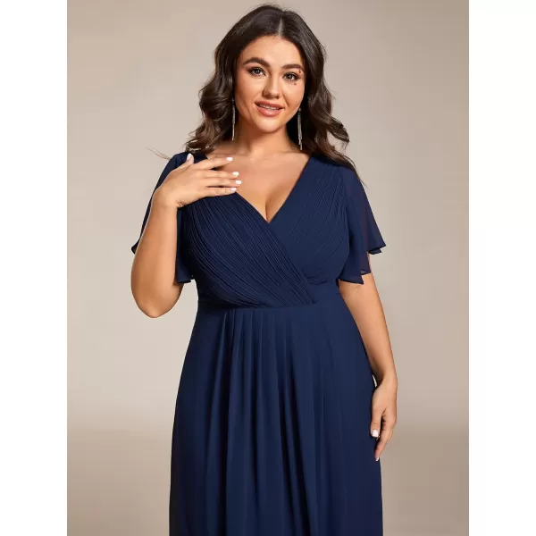 EverPretty Womens A Line Ruched V Neck Short Sleeves Knee Length Plus Size Wedding Guest Dress 01923DANavy Blue