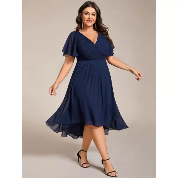 EverPretty Womens A Line Ruched V Neck Short Sleeves Knee Length Plus Size Wedding Guest Dress 01923DANavy Blue