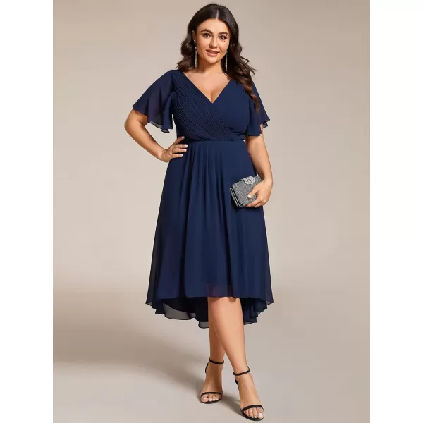 EverPretty Womens A Line Ruched V Neck Short Sleeves Knee Length Plus Size Wedding Guest Dress 01923DANavy Blue