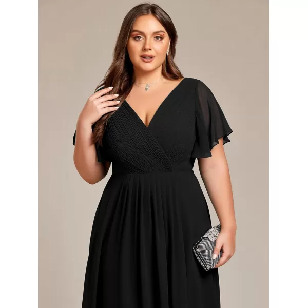 EverPretty Womens A Line Ruched V Neck Short Sleeves Knee Length Plus Size Wedding Guest Dresses for Curvy Women 01923DABlack