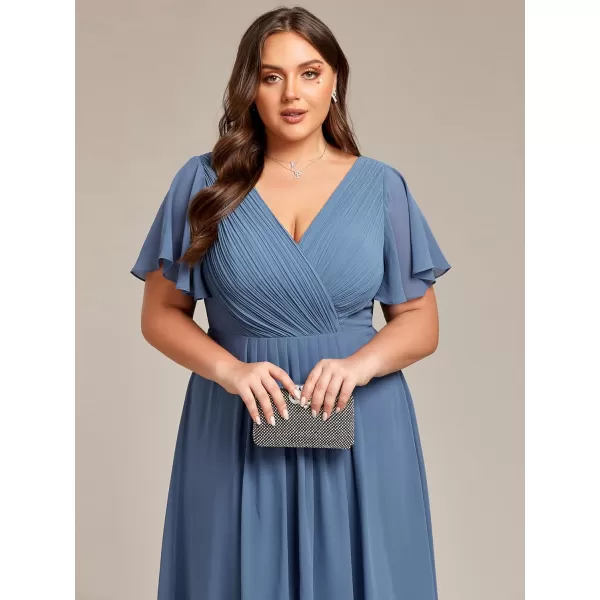 EverPretty Womens A Line Ruched V Neck Short Sleeves Knee Length Plus Size Wedding Guest Dresses for Curvy Women 01923DADusty Navy