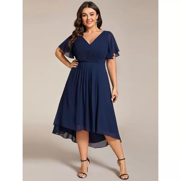 EverPretty Womens A Line Ruched V Neck Short Sleeves Knee Length Plus Size Wedding Guest Dresses for Curvy Women 01923DANavy Blue