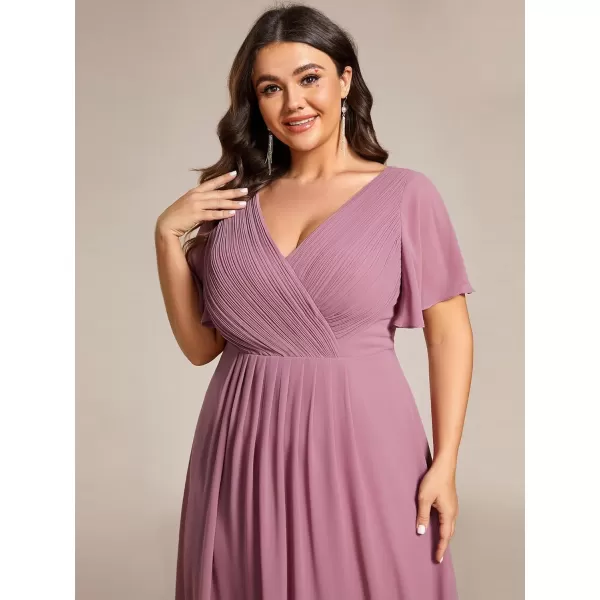 EverPretty Womens A Line Ruched V Neck Short Sleeves Knee Length Plus Size Wedding Guest Dresses for Curvy Women 01923DAOrchid