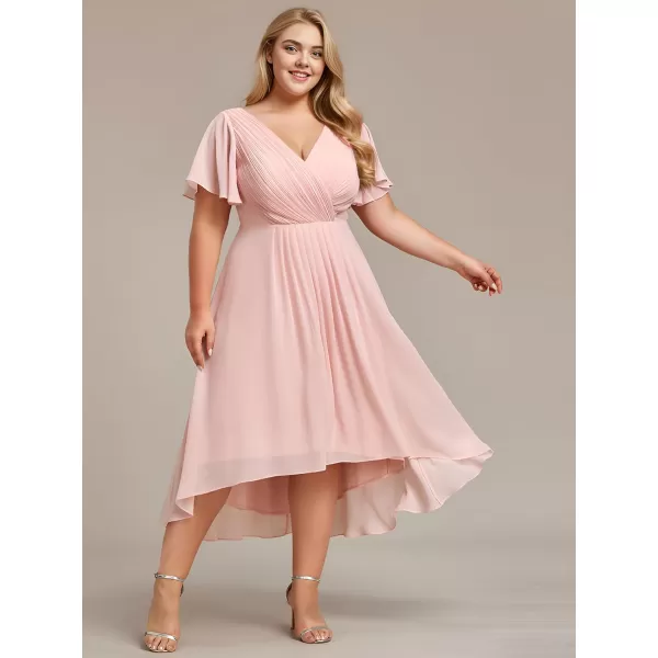 EverPretty Womens A Line Ruched V Neck Short Sleeves Knee Length Plus Size Wedding Guest Dresses for Curvy Women 01923DAPink