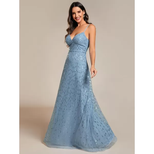 EverPretty Womens A Line Sequin Sleeveless Pleated V Neck Maxi Evening Dress 02121Light Dusty Blue