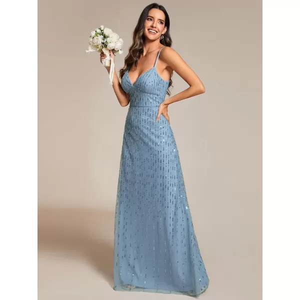 EverPretty Womens A Line Sequin Sleeveless Pleated V Neck Maxi Evening Dress 02121Light Dusty Blue