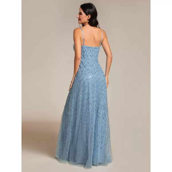 EverPretty Womens A Line Sequin Sleeveless Pleated V Neck Maxi Evening Dress 02121Light Dusty Blue