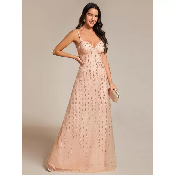 EverPretty Womens A Line Sequin Sleeveless Pleated V Neck Maxi Evening Dress 02121Rose Gold