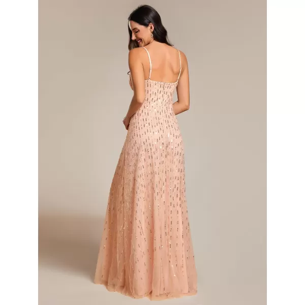 EverPretty Womens A Line Sequin Sleeveless Pleated V Neck Maxi Evening Dress 02121Rose Gold