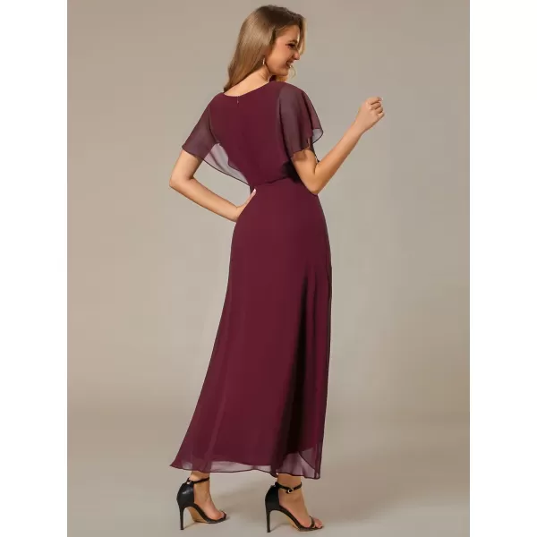 EverPretty Womens A Line V Neck Applique Tea Length Wedding Guest Dress 02027Burgundy