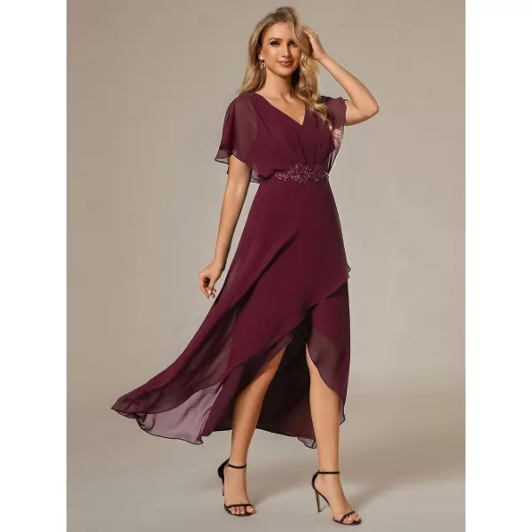 EverPretty Womens A Line V Neck Applique Tea Length Wedding Guest Dress 02027Burgundy