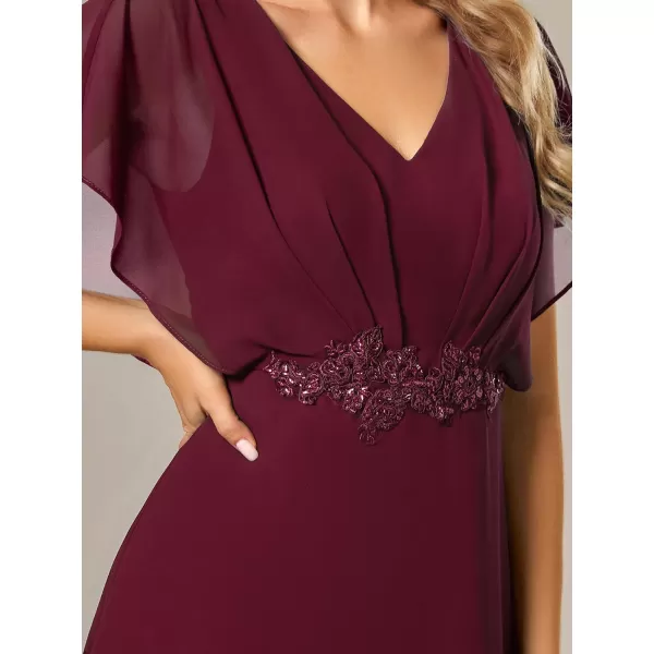 EverPretty Womens A Line V Neck Applique Tea Length Wedding Guest Dress 02027Burgundy