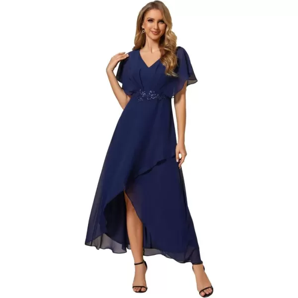 EverPretty Womens A Line V Neck Applique Tea Length Wedding Guest Dress 02027Navy Blue