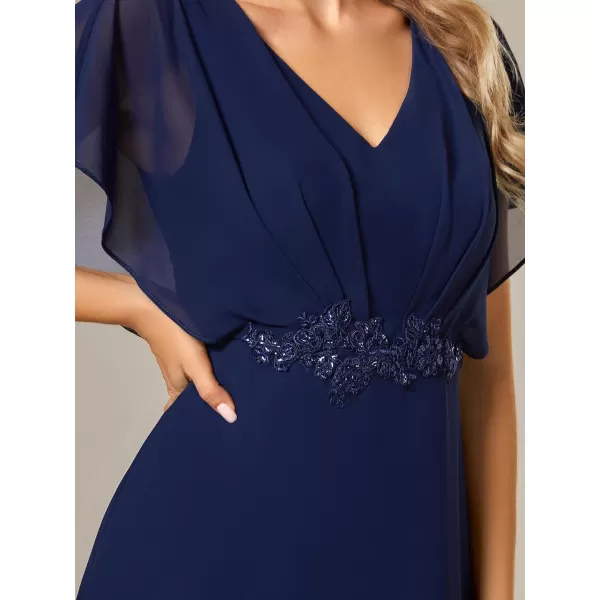 EverPretty Womens A Line V Neck Applique Tea Length Wedding Guest Dress 02027Navy Blue