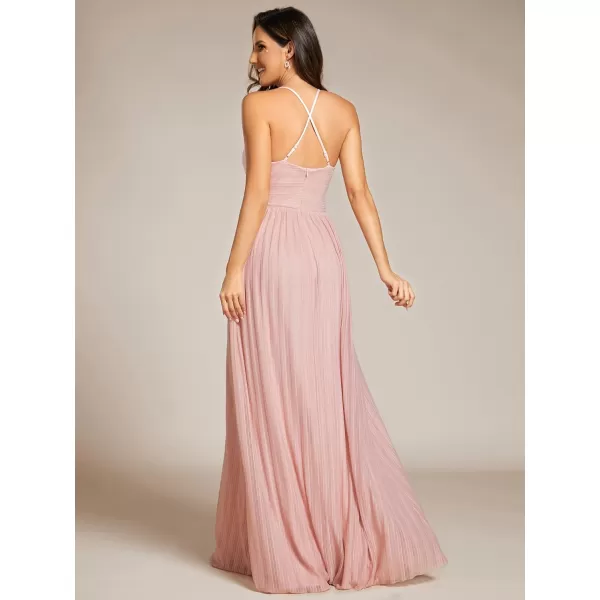 EverPretty Womens A Line V Neck Backless Glitter Pleated Sleeveless Maxi Evening Dresses 21961Pink