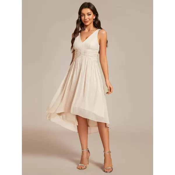 EverPretty Womens A Line V Neck Cocktail Dresses Sleeveless Pleated High Low Swing Party Dress 02135Champagne