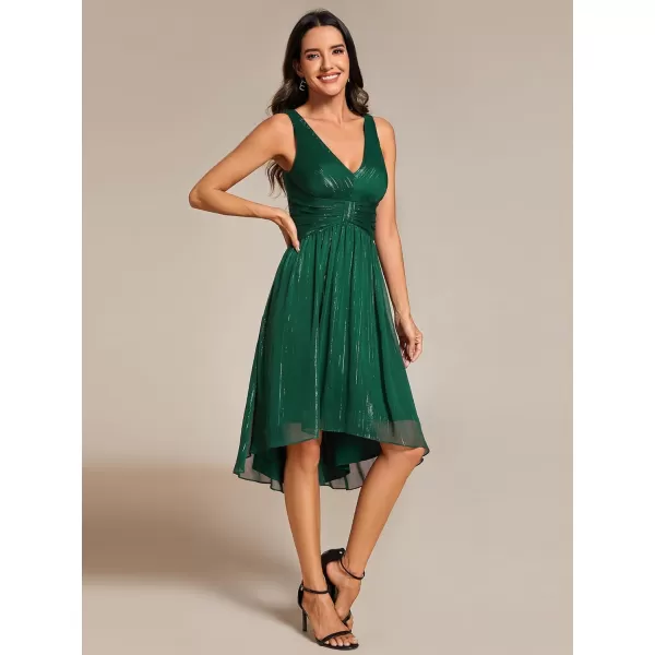 EverPretty Womens A Line V Neck Cocktail Dresses Sleeveless Pleated High Low Swing Party Dress 02135Deep Green