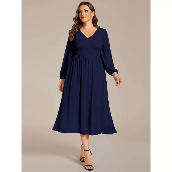 EverPretty Womens A Line V Neck Lantern Sleeves Midi Plus Size Formal Fresses for Curvy Women 01929DANavy Blue