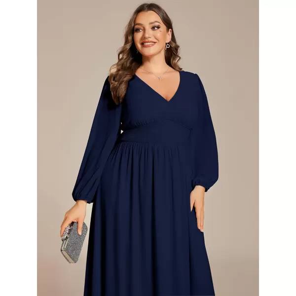 EverPretty Womens A Line V Neck Lantern Sleeves Midi Plus Size Formal Fresses for Curvy Women 01929DANavy Blue