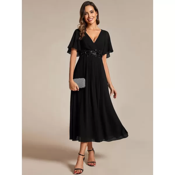 EverPretty Womens A Line V Neck Pleated Applique Pleated Tea Length Wedding Guest Dresses 02093Black