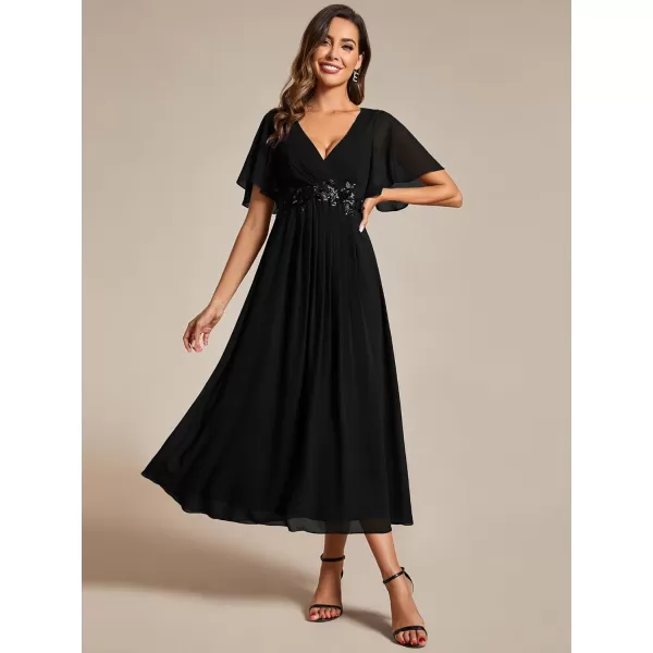 EverPretty Womens A Line V Neck Pleated Applique Pleated Tea Length Wedding Guest Dresses 02093Black