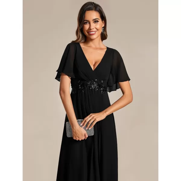 EverPretty Womens A Line V Neck Pleated Applique Pleated Tea Length Wedding Guest Dresses 02093Black