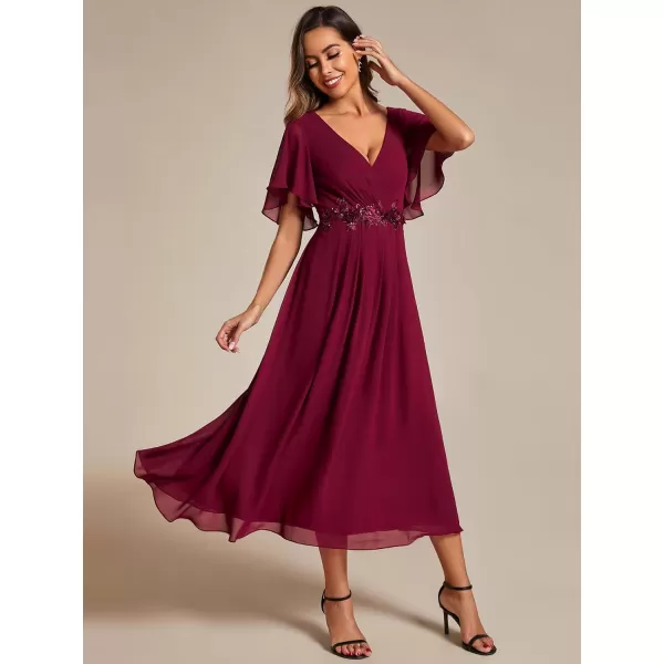 EverPretty Womens A Line V Neck Pleated Applique Pleated Tea Length Wedding Guest Dresses 02093Burgundy